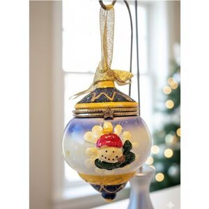 Ceramic Snowman Vintage Faberge Inspired Hand Painted Hinged Christmas Ornament